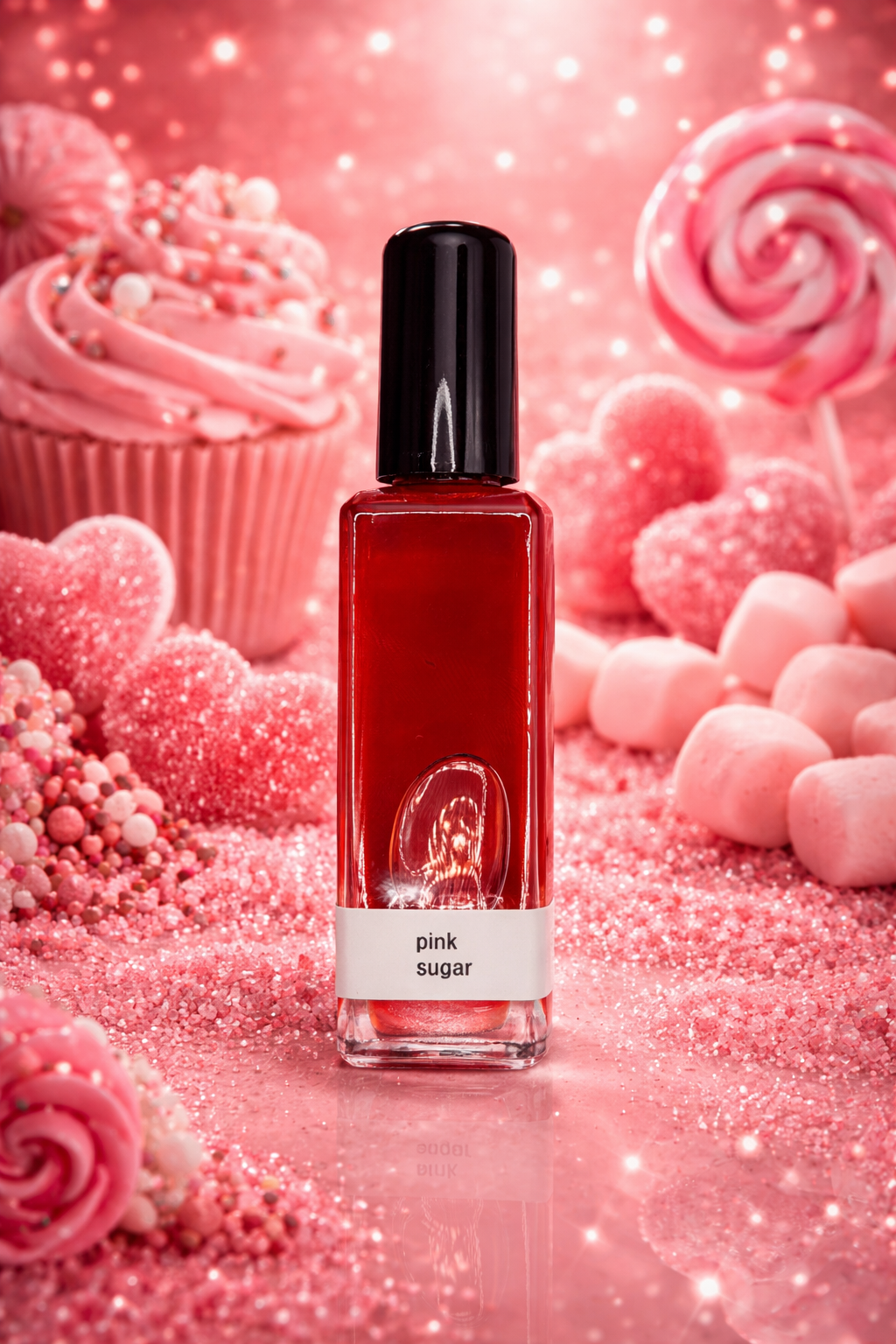 Red bottle labeled 'pink sugar' surrounded by pink candy and treats on a pink background