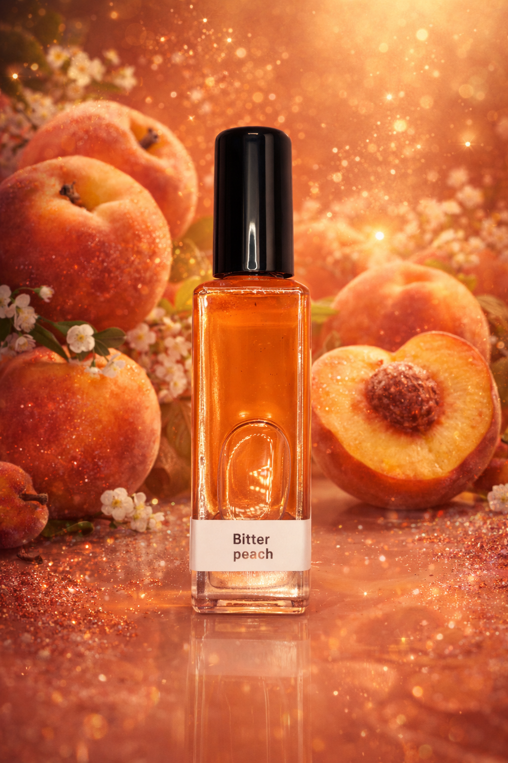 Bitter peach perfume bottle with peaches and flowers on a warm-toned background