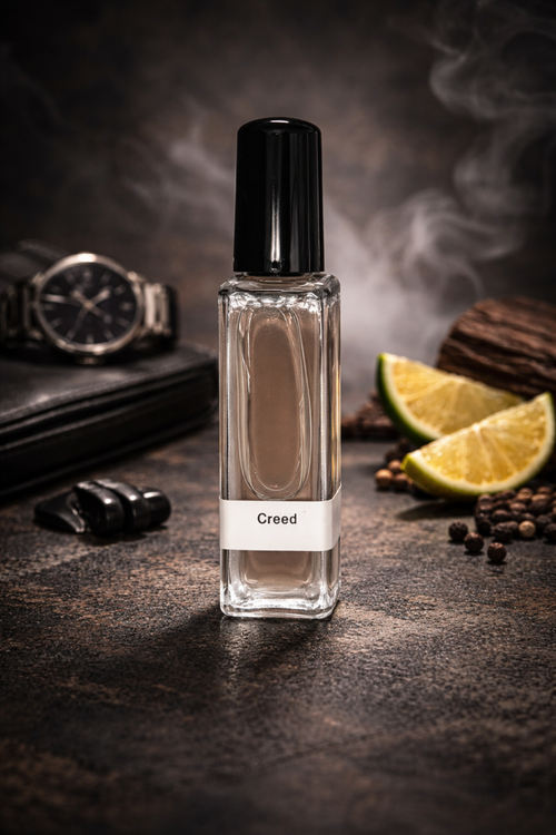 Creed perfume bottle on a dark surface with lime slices and a watch in the background