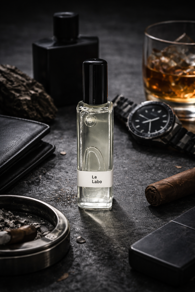 Le Labo perfume bottle on a dark surface with a glass of whiskey, watch, and other items.