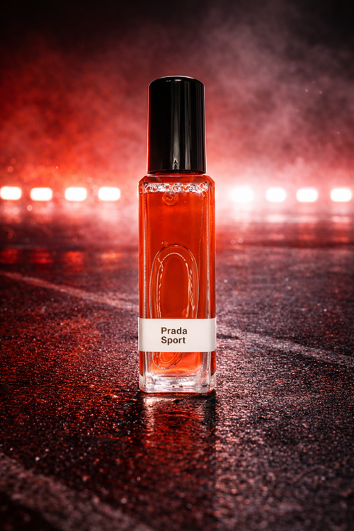 Prada Sport perfume bottle on a reflective surface with blurred lights in the background