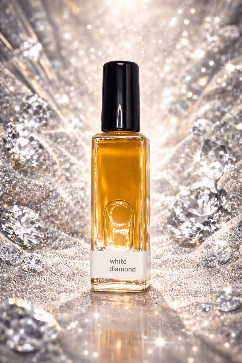 Perfume bottle labeled 'White Diamond' surrounded by diamonds on a reflective surface