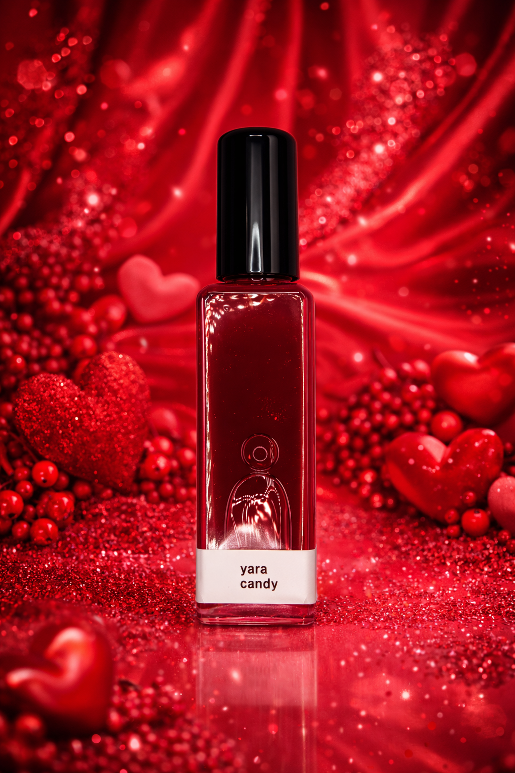 Yara Candy perfume bottle with red heart-shaped objects and glittery background